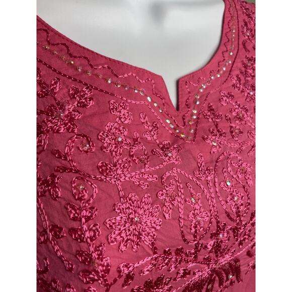 Pink Indian Cotton Embroidered Kurti Tunic‎ Size XXL Flowy Art To Wear Lagenlook - Picture 5 of 12